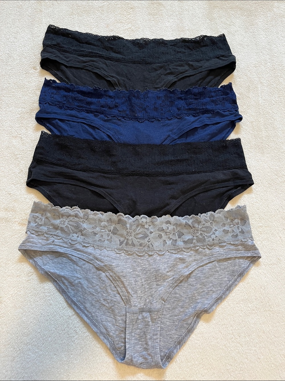Victoria’s Secret | Lace Waist Cotton Hiphuggers - Black, Navy, & Gray L
